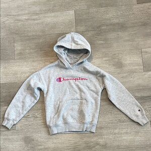 Champion Youth Light Gray Hoodie with Pink Logo